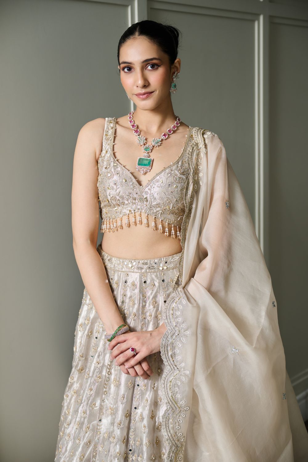Sanya Gulati - Ivory Gold Tissue Lehenga Set from Param Sundari