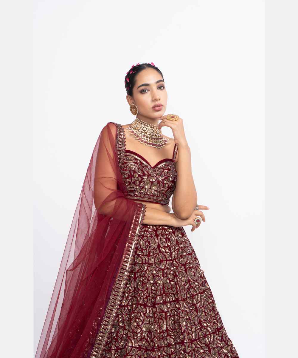 Maroon fully embroidered corset lehenga set