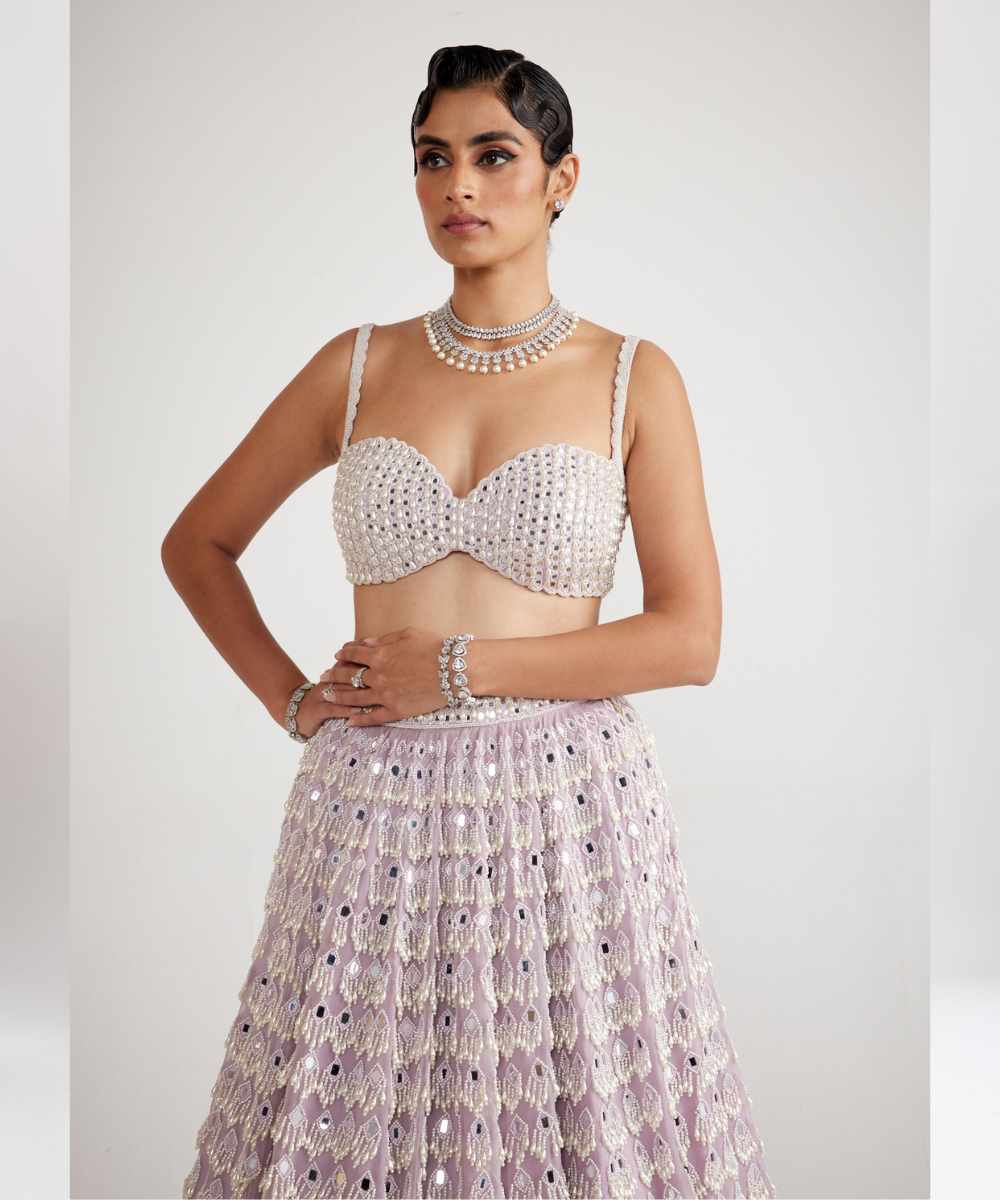 Powder Lilac Chandelier Pearl Drop Lehenga Set - Collection name Piroi by Vvani vats