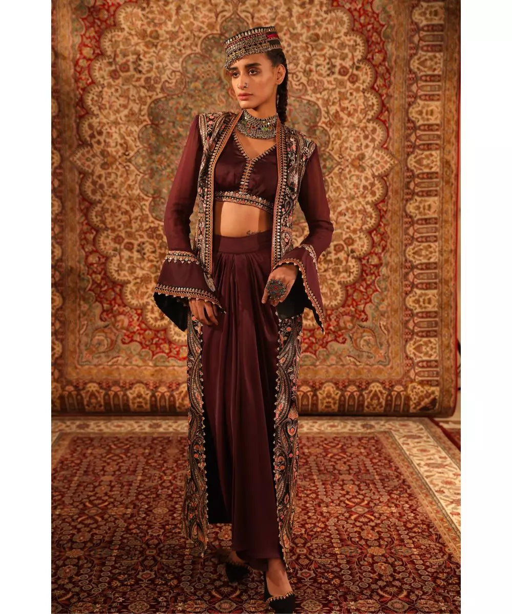 ADITI GUPTA - Wine Blouse, draped Skirt with Jamawaar Jacket