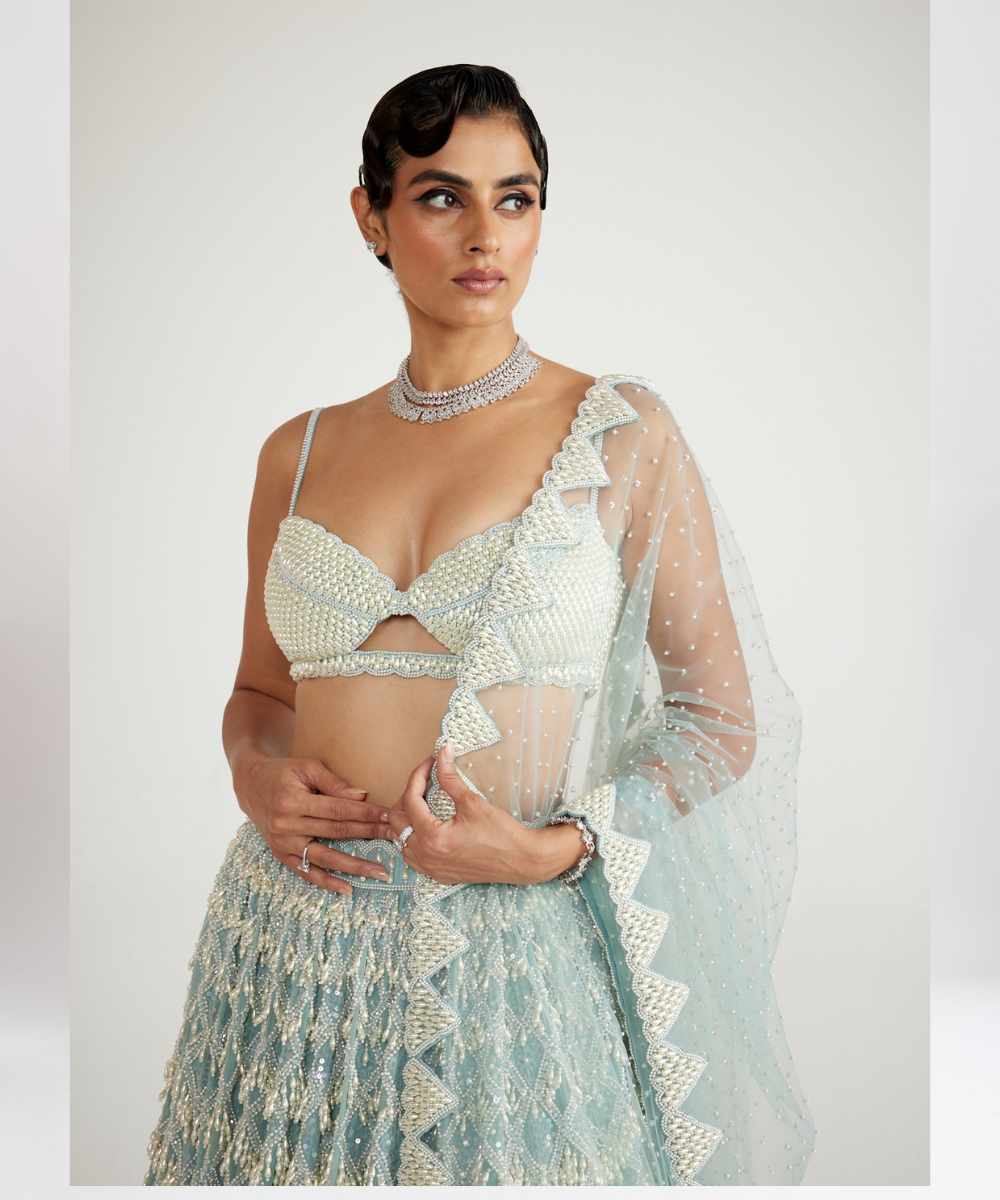 Powder Blue Chandelier Pearl Drop Lehenga Set - Collection name Piroi by Vvani vats