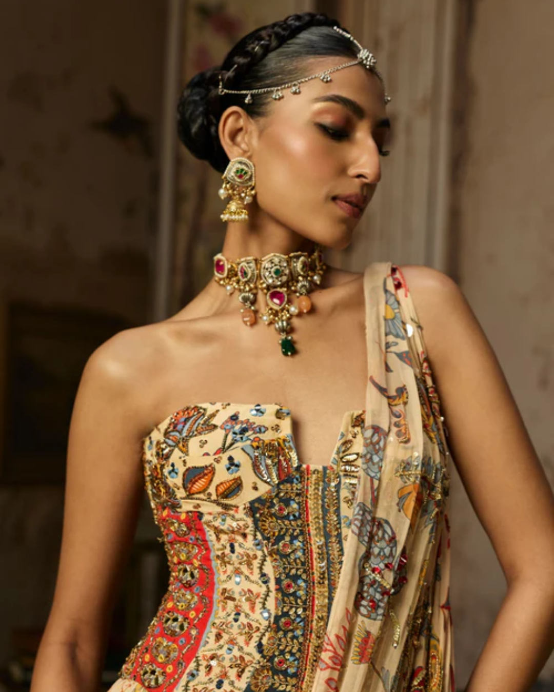 Diya Rajvvir - Blush Pink Stone Embroidered Blouse With Printed Lehenga Set from Bahaar
