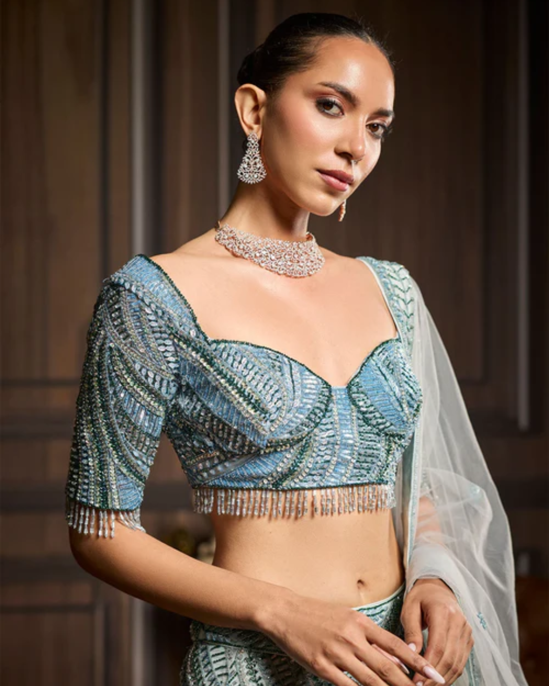 Diya Rajvvir - Ice Blue Fully Embellished Lehenga Set from Taara