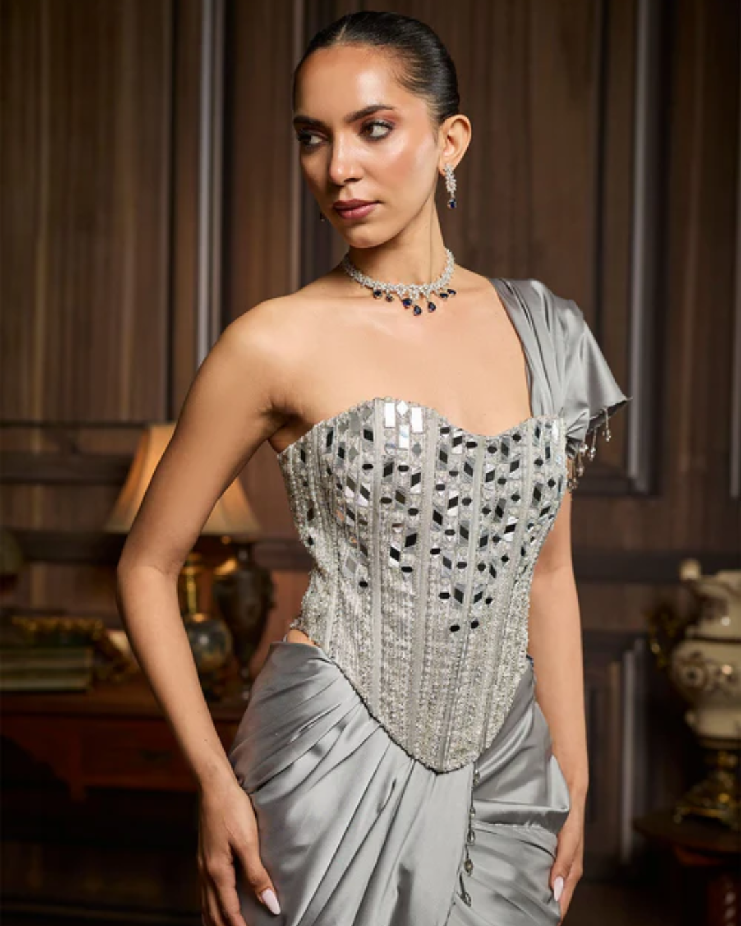 Diya Rajvvir - Silver Embellished Blouse And Pre Draped Saree Set from Taara