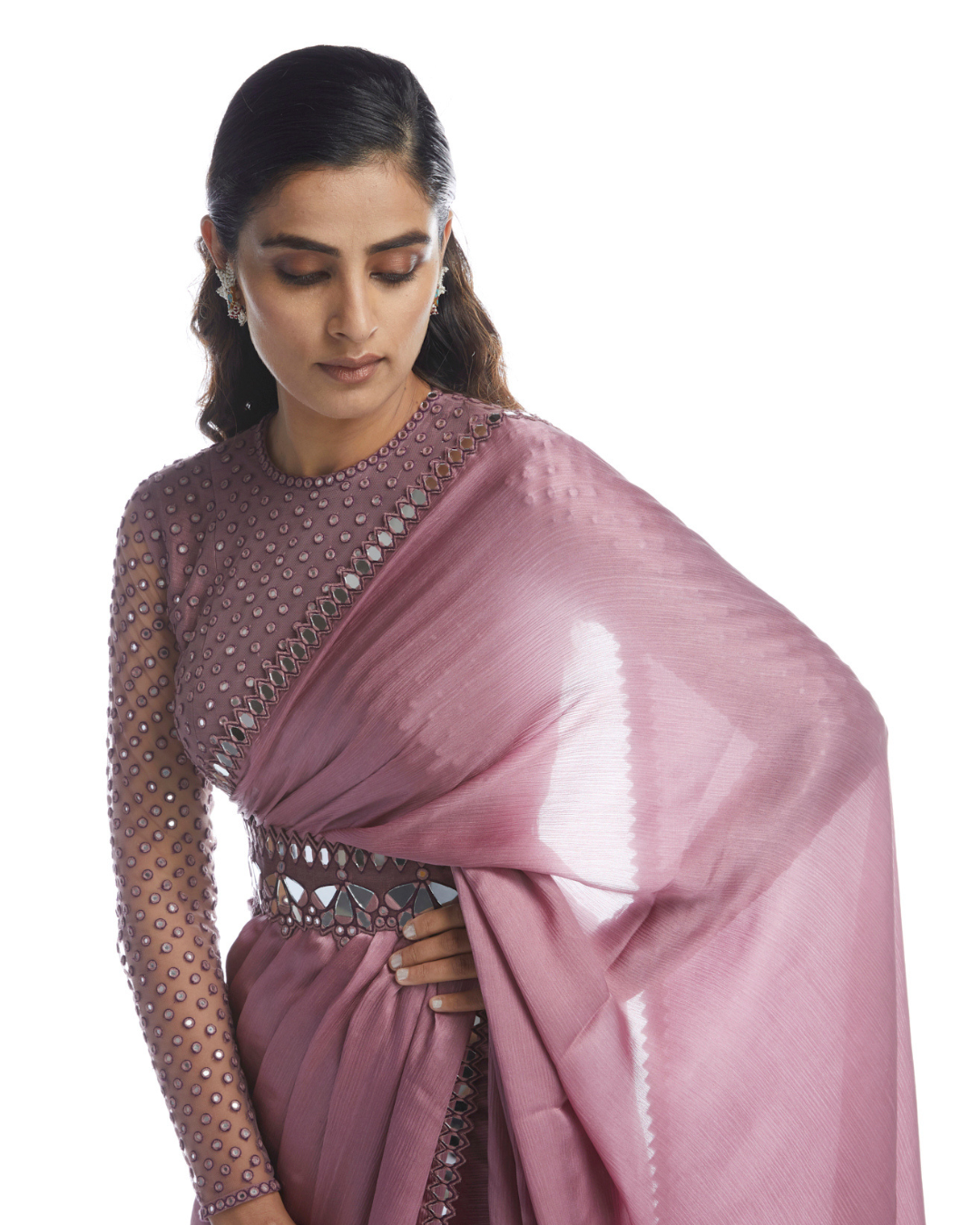 Vvani Vats - Old Rose Satin Chiffon Saree from Chamak