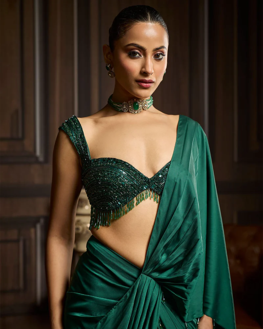 Diya Rajvvir - Emerald Green Embellished Blouse And Pre-Draped Dhoti Saree Set from Taara