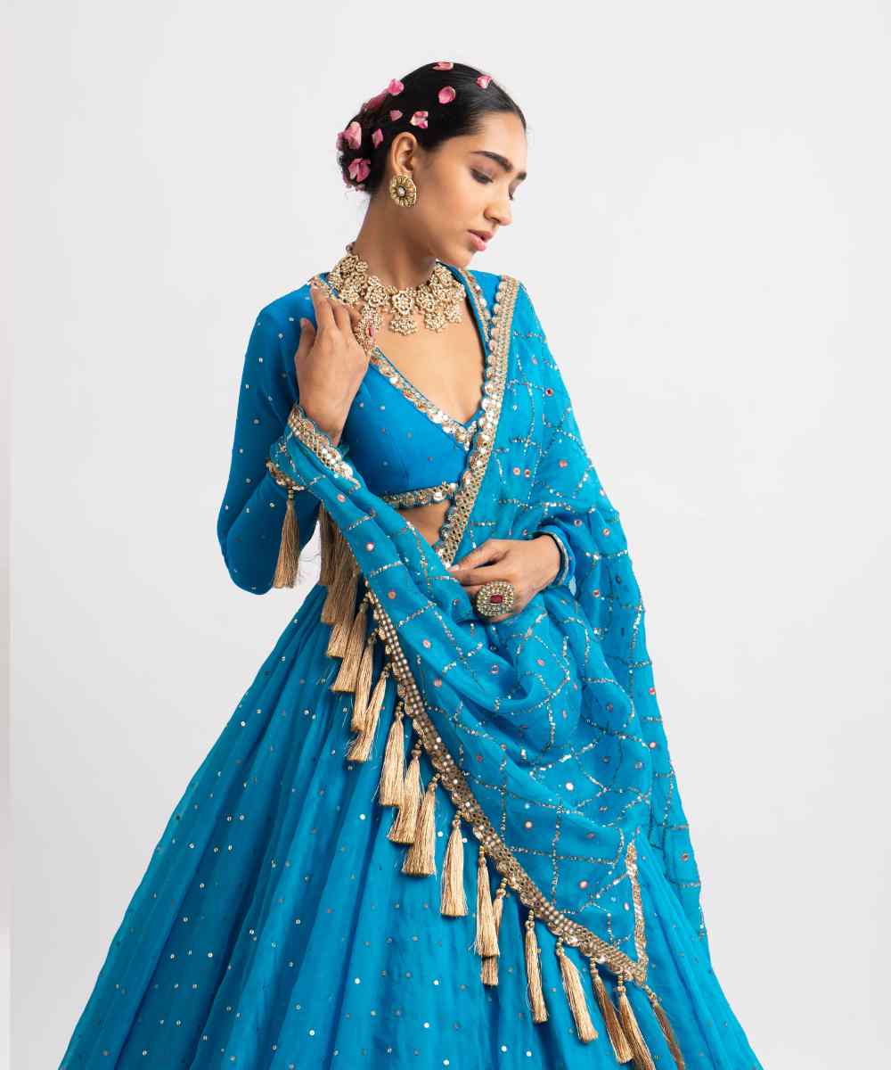 Firozi Silk Organza Heavy Dupatta Lehenga Set - Collection name Rang by Vvani vats