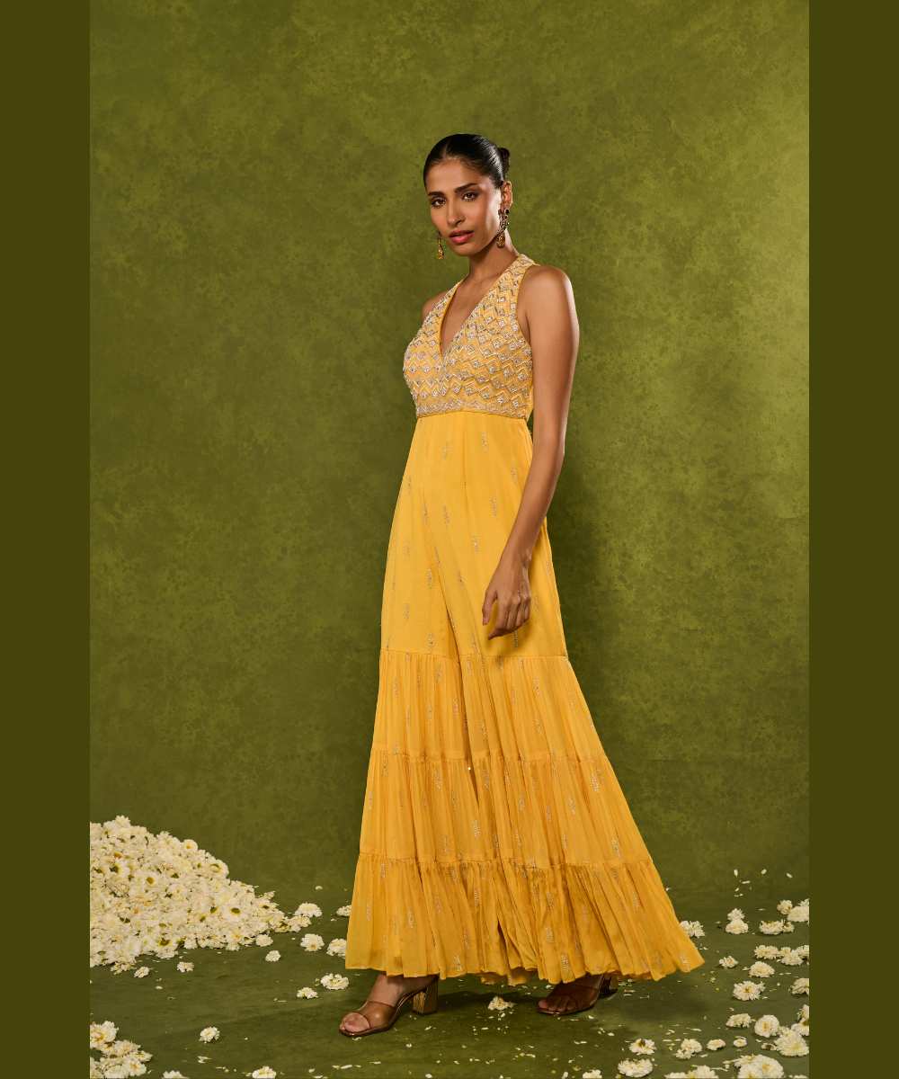 INES JUMPSUIT -  V neck jumpsuit with a flattering soft frill - Leher by Chamee and Palak