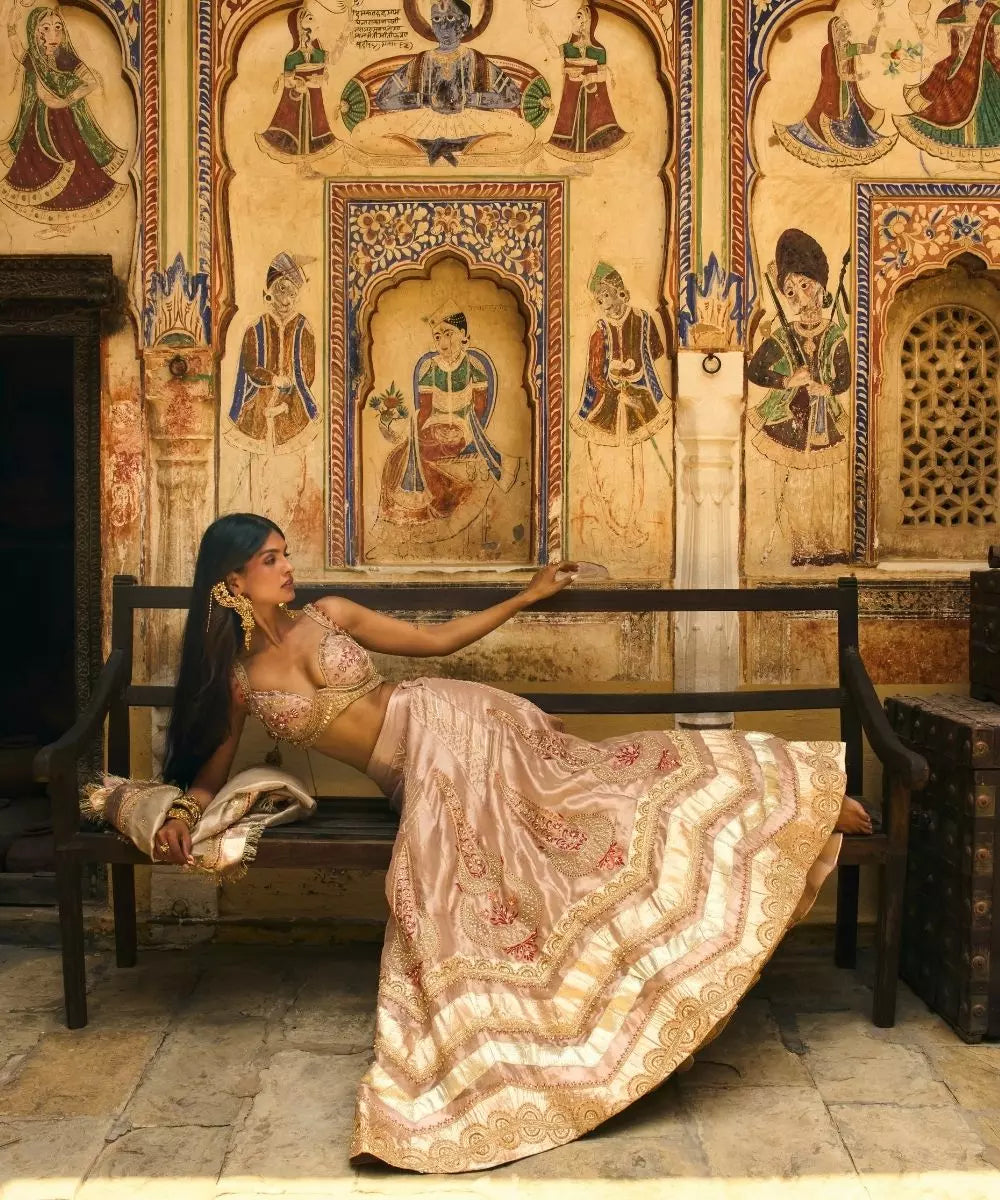 Aditi Gupta - Rose Gold silk zari tissue with Pearl gold zari tissue dupatta Lehenga Set