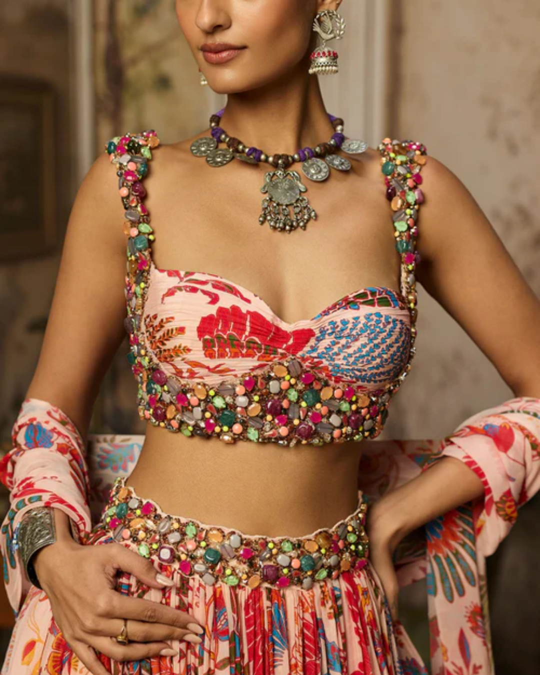 Diya Rajvvir - Blush Pink Stone Embroidered Blouse With Printed Lehenga Set from Bahaar