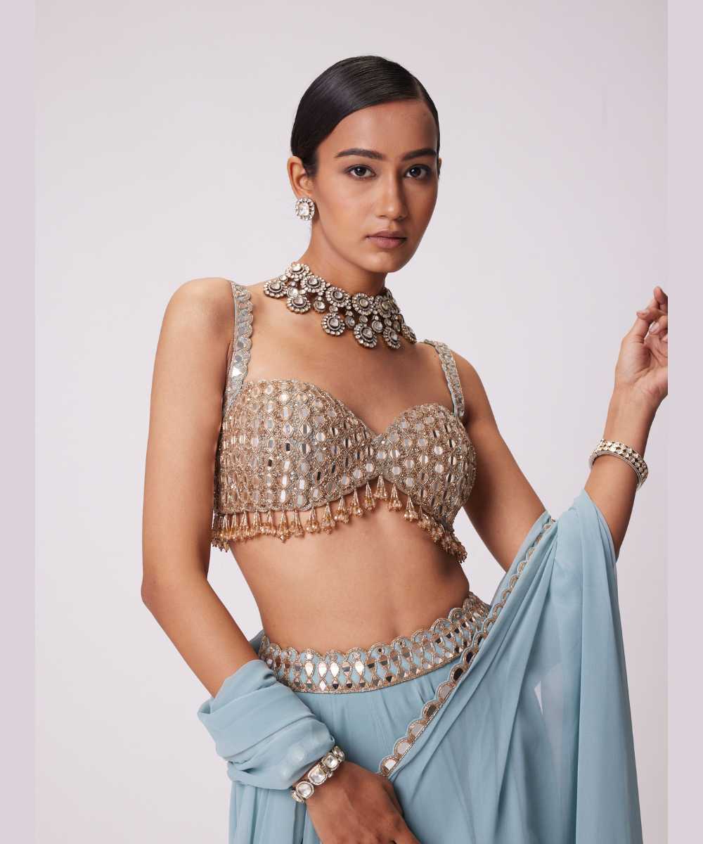 POWDER BLUE MIRROR EMBROIDERED LEHENGA PANTS SET - Collection name Jugmug Bride by Vvani Vats