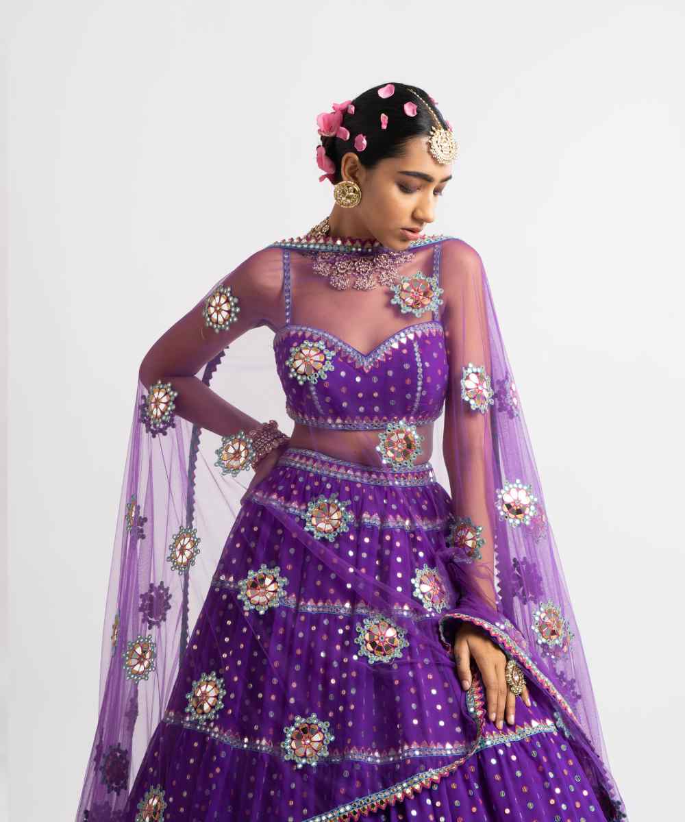 Purple Noodle Strap Multi Tier Lehenga Set