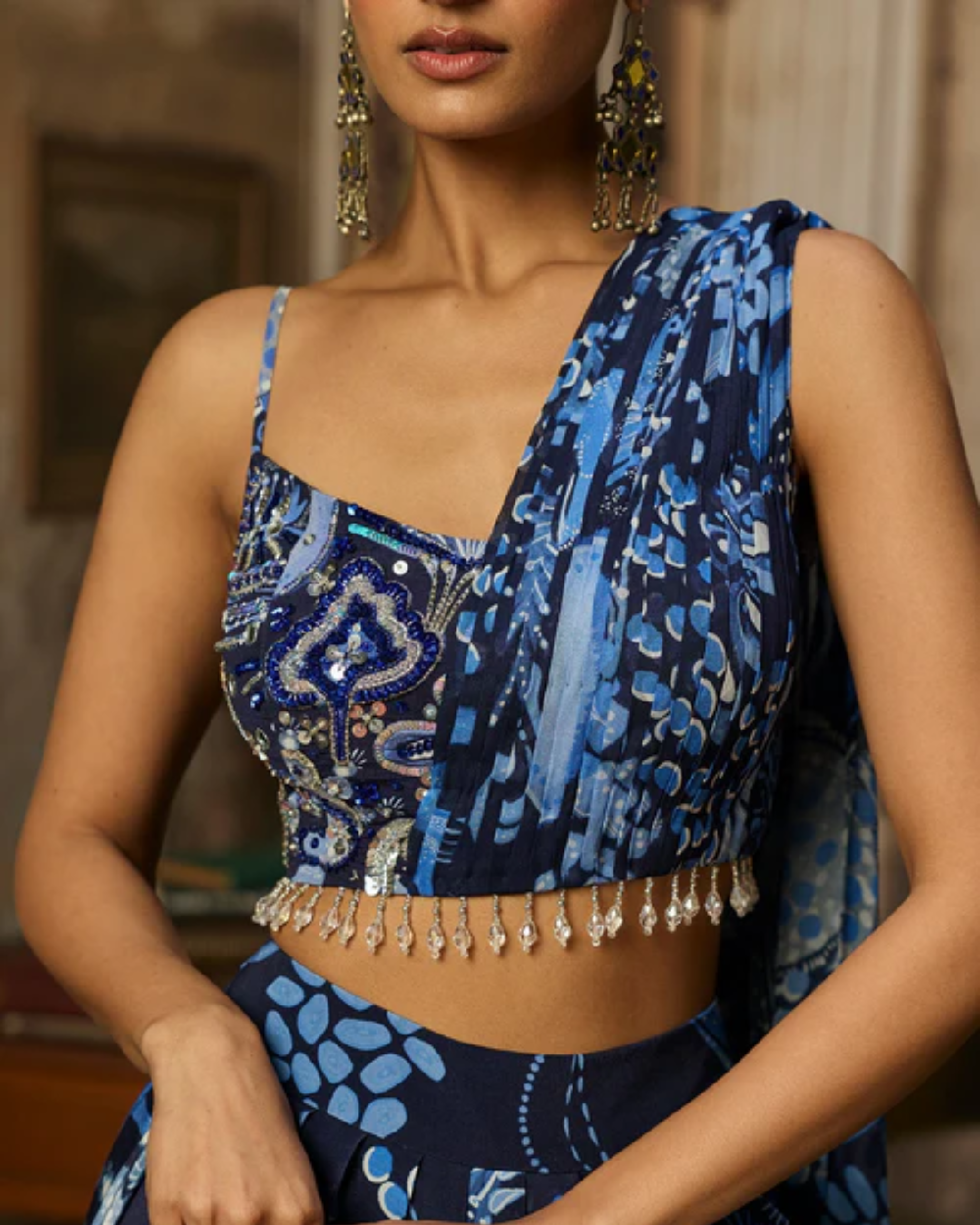 Diya Rajvvir -  Navy Blue Printed Drape Asymmetric Crop Top And Skirt Set from Bahaar