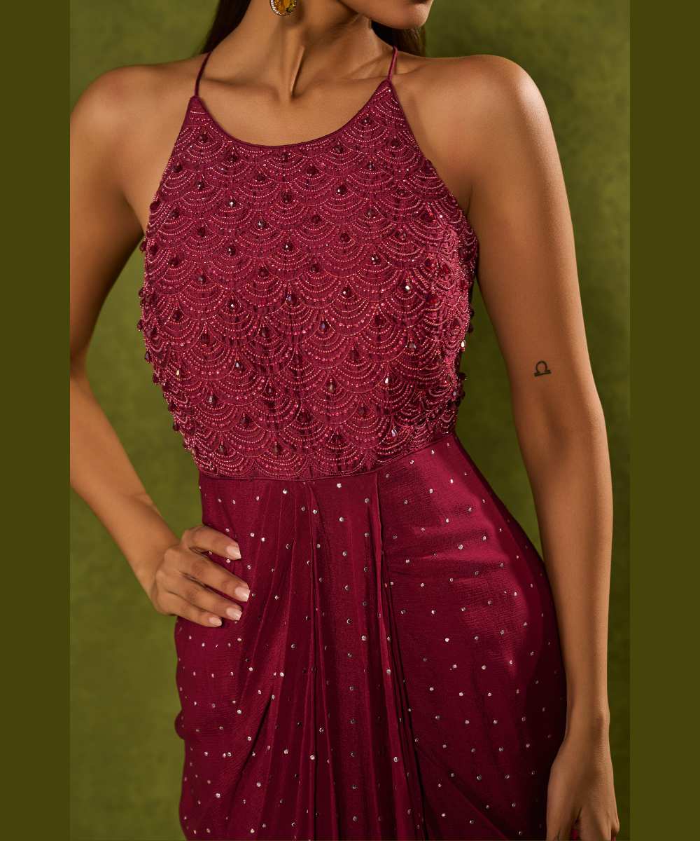 JASMINE COWL DRESS - Cascade gown with a delicately embellished halter-neck bodice - Leher by Chamee and Palak