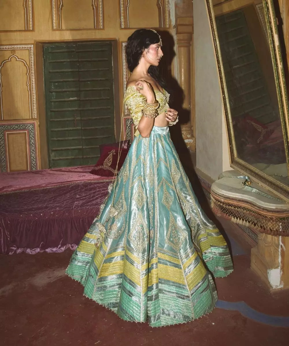 Aditi Gupta - Ice Blue  Silk Zari tissue with Olive Bloom tissue dupatta Lehenga Set