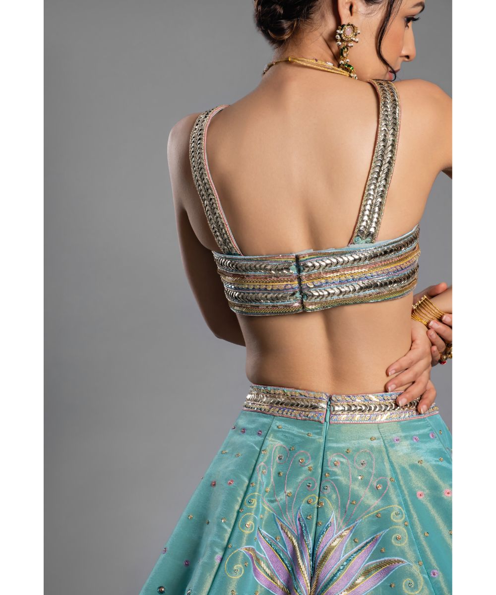 Aqua Silk Tissue Lehenga Draped Blouse
