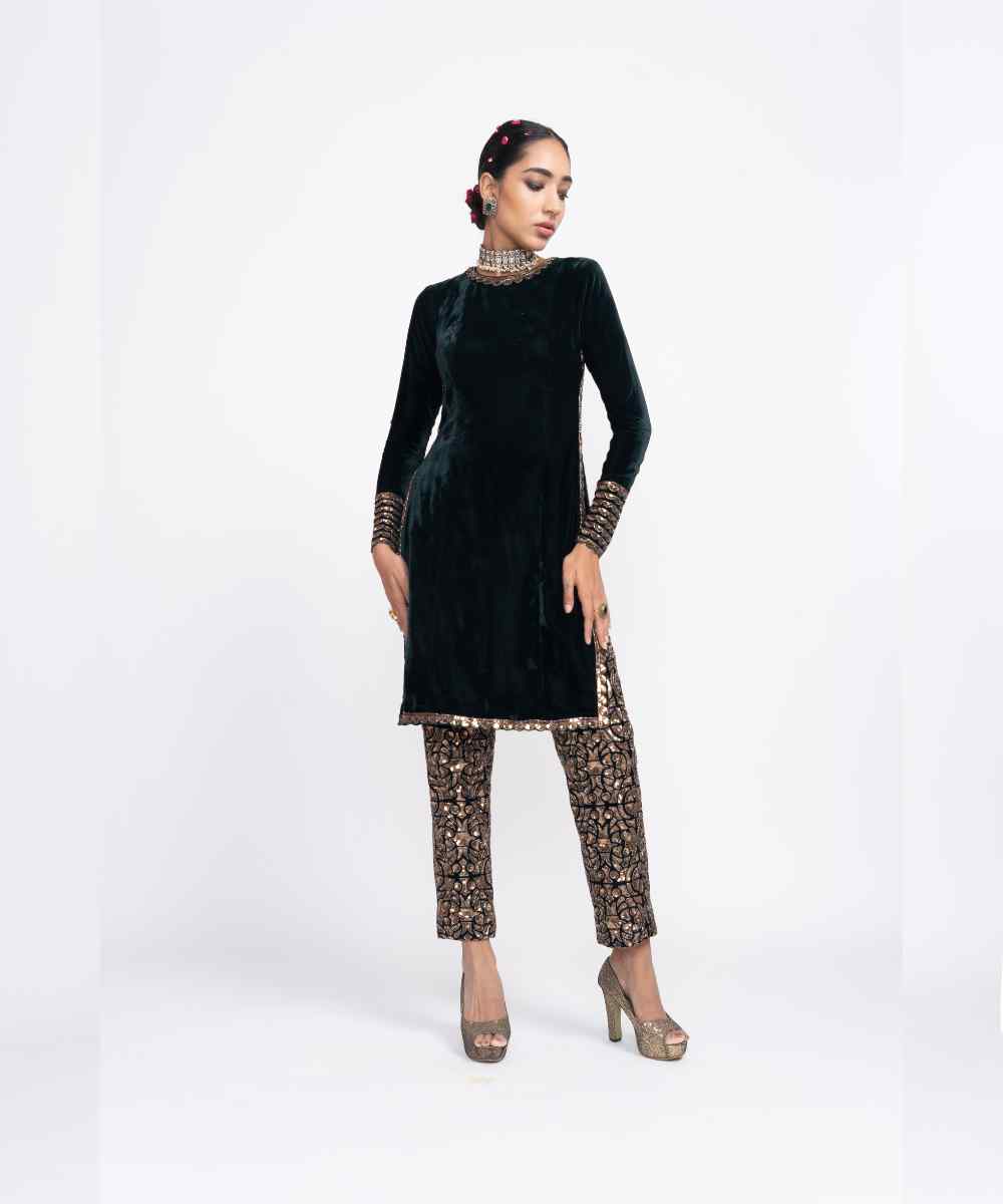 Deep green velvet kurta set