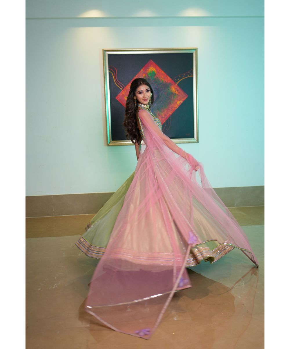 Green silk tissue Lehenga with Colorful Geometric Embroidery