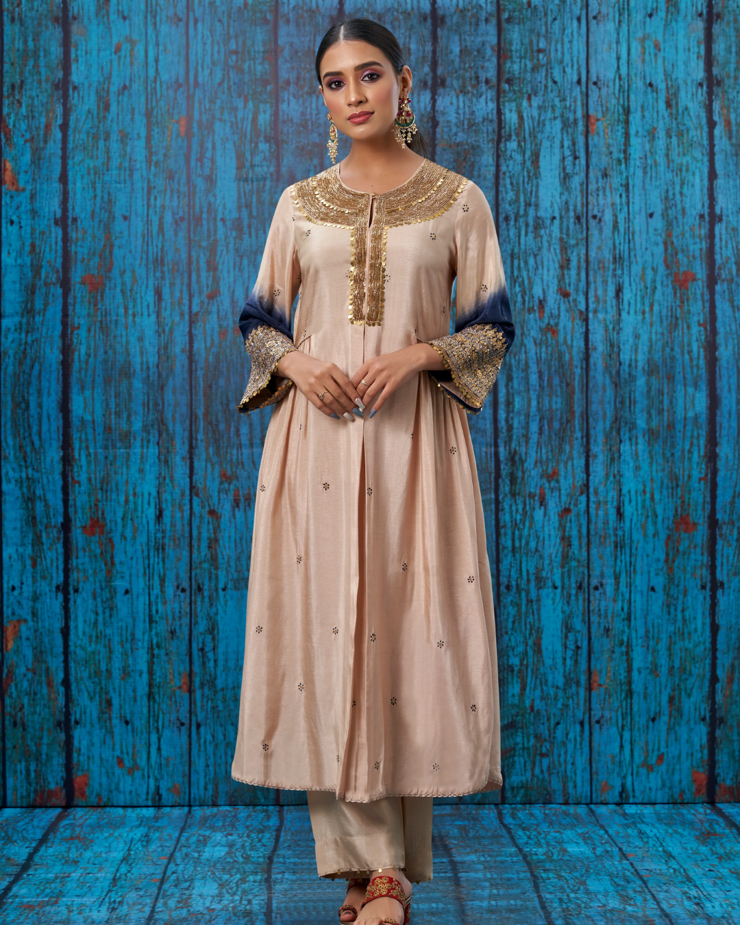 Niti Bothra - Ivory Blue Ombre Heavy Pitta Neck & Marodi Sleeves Kurta Set (Sale Piece)