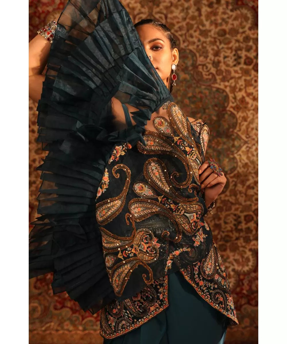 ADITI GUPTA - Teal jamawaar Blouse with Draped Skirt