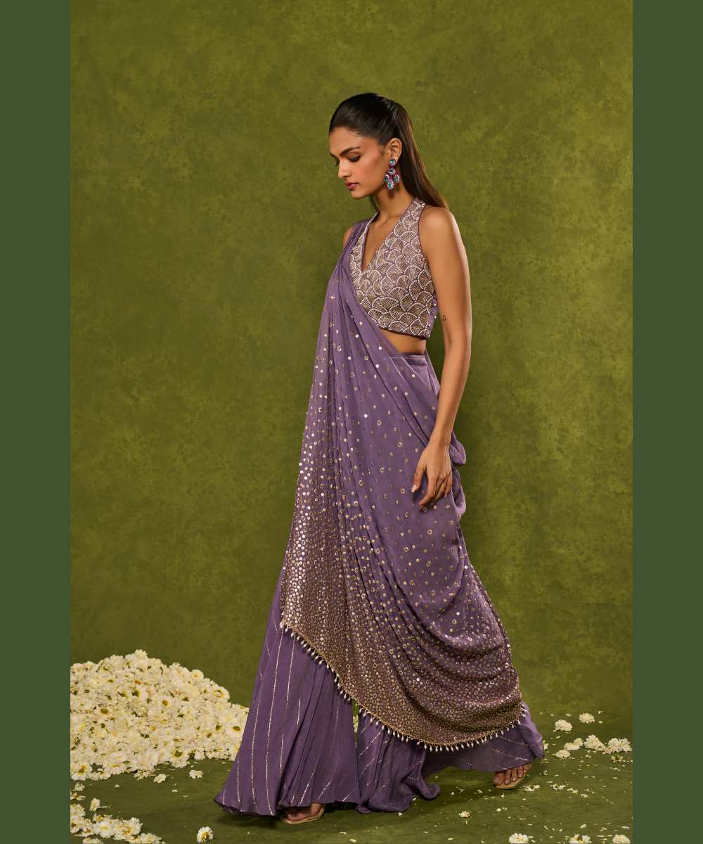 HUNAR DRAPE DUPATTA WITH PANTS - Dusty purple sharara paired with a delicately embroidered halter-neck blouse - Leher by Chamee and Palak