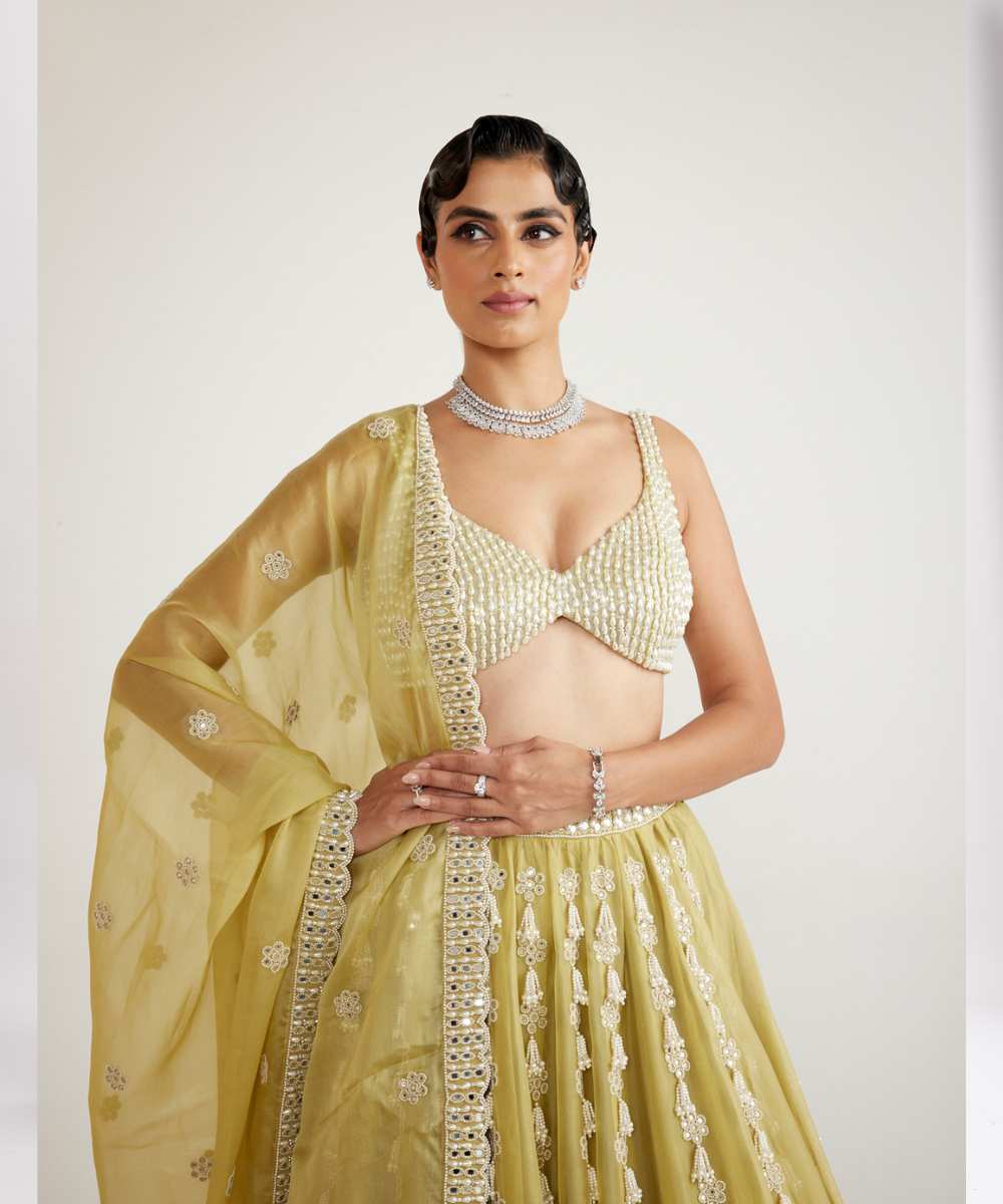 Fern Green Chandelier Pearl Drop Lehenga Set - Collection name Piroi by Vvani vats