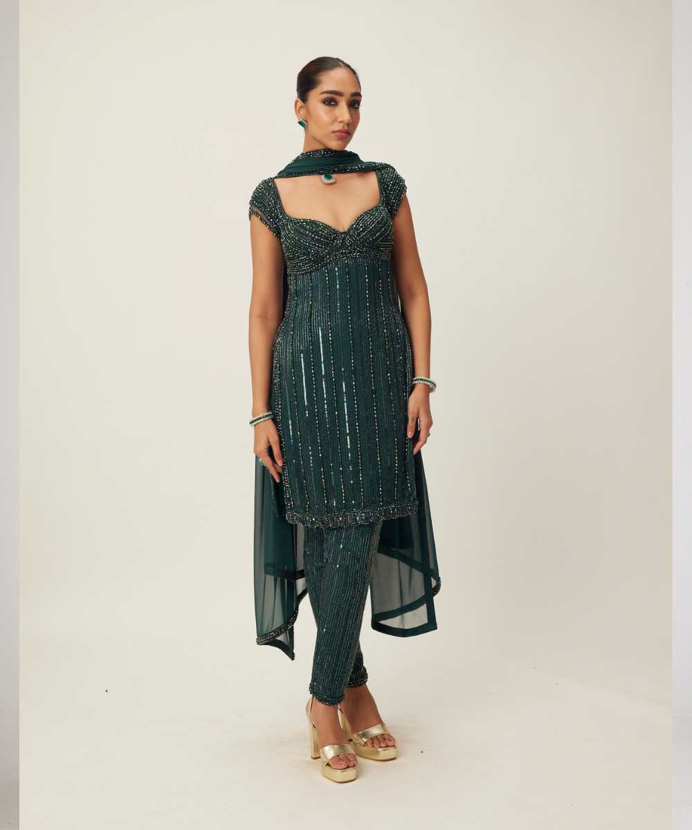 Dark Jade Green crystal Embellished Kurta Set - Collection name Maya by Vvani Vats