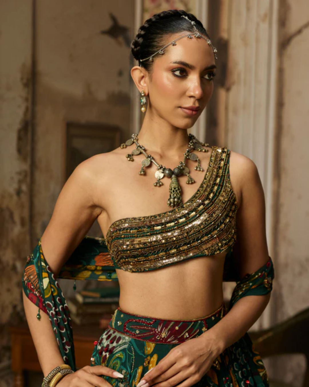 Diya Rajvvir - Dark Green Embellished Blouse With Printed And Highlighted Lehenga Set from Bahaar
