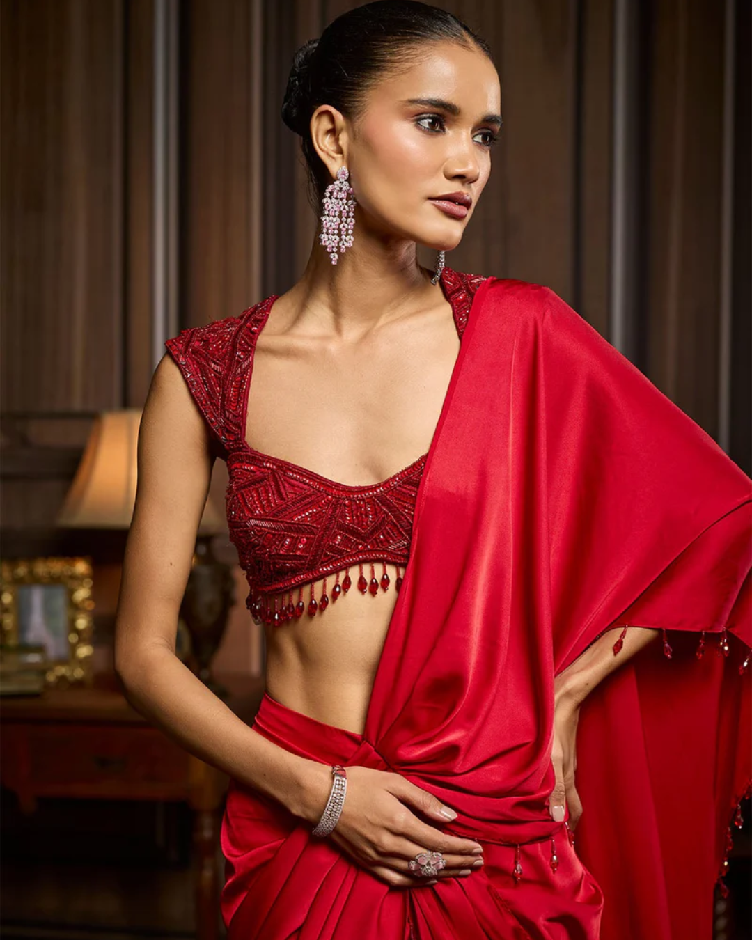 Diya Rajvvir - Red Embellished Blouse And Pre-Draped Dhoti Saree Set from Taara