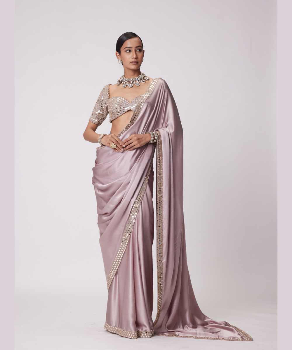 ASH PINK SATIN SAREE SET - Jugmug Bride by Vvani Vats