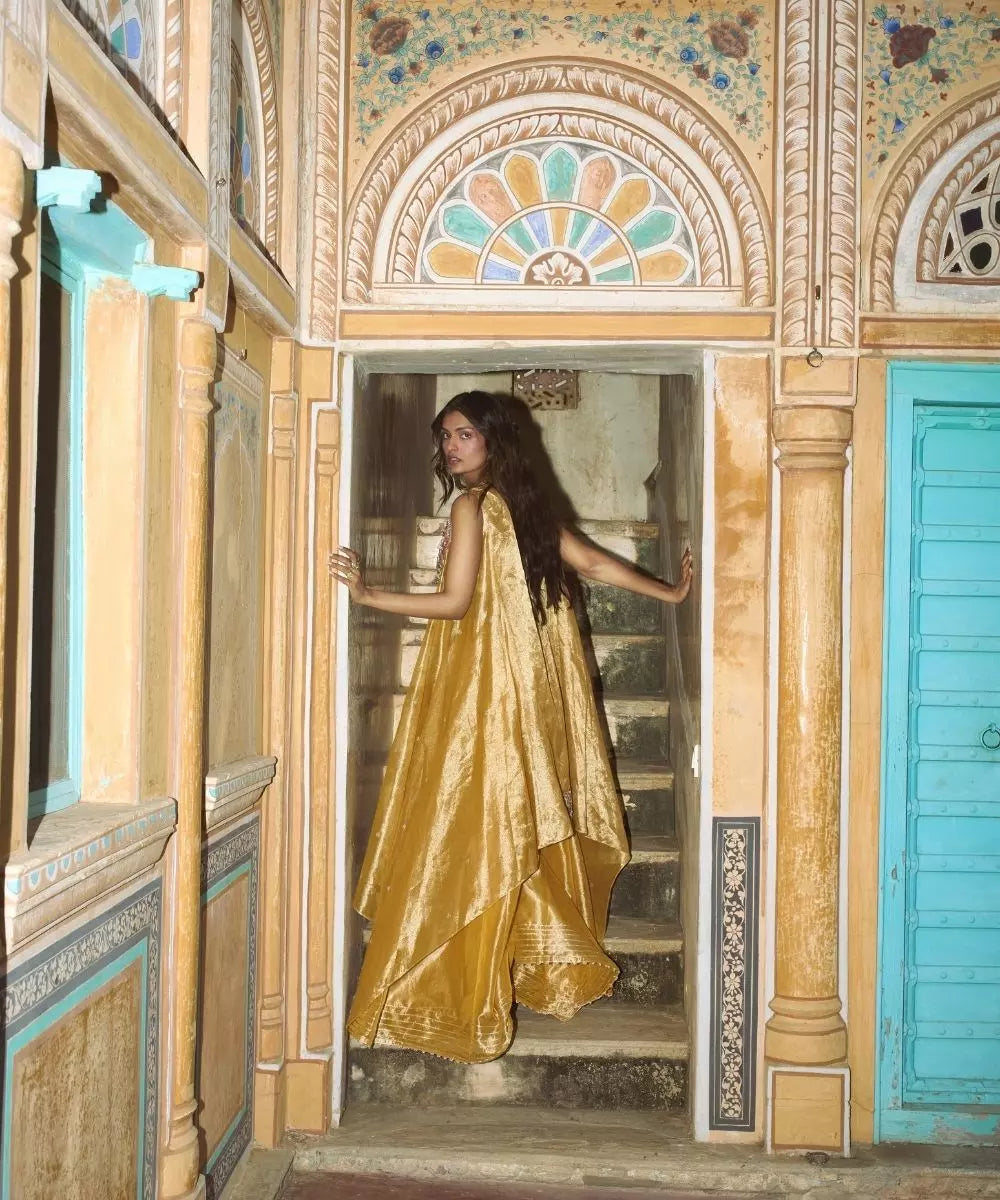 Aditi Gupta - Mustard Yellow pure Zari tissue with Sharara Set with Organza Cape