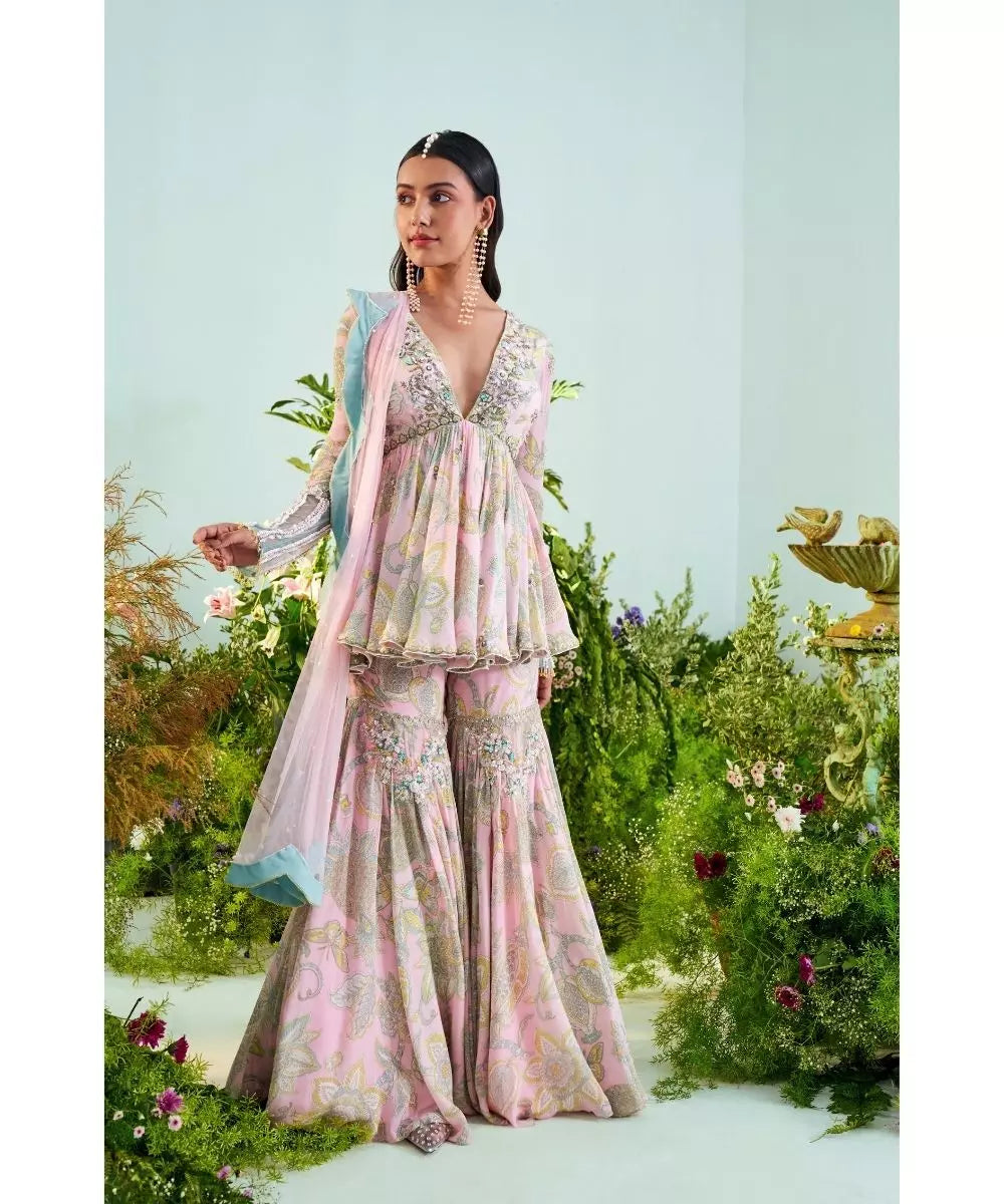 MANI BHATIA - Powder pink mint green Print Peplum Top Gharara set