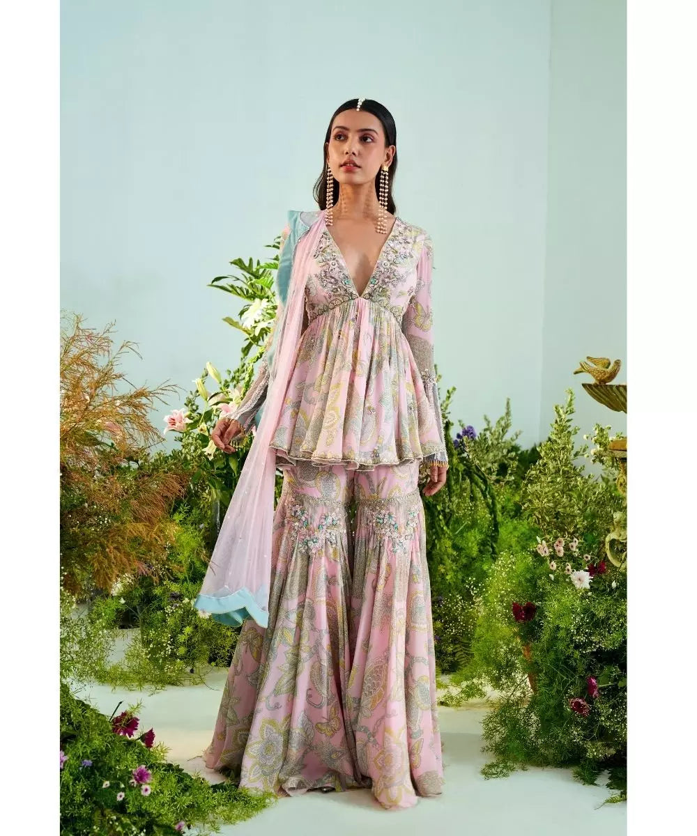 MANI BHATIA - Powder pink mint green Print Peplum Top Gharara set
