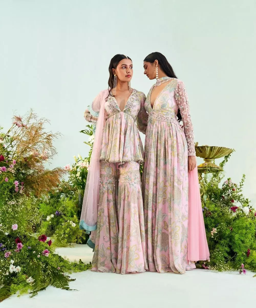 MANI BHATIA - Powder pink mint green Print Peplum Top Gharara set