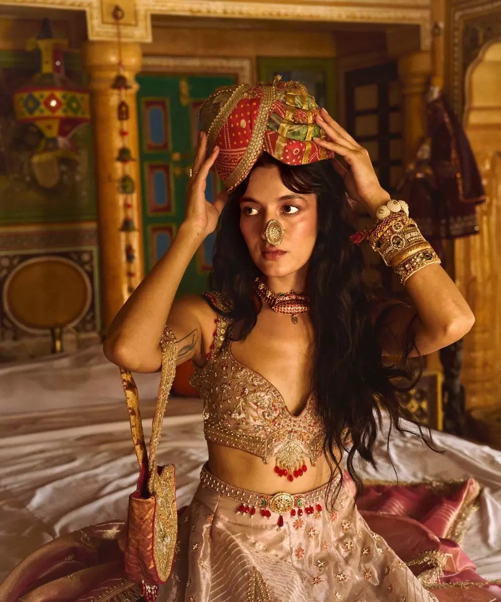 Aditi Gupta - Rose Gold pure zari tissue with rose pink tissue dupatta Lehenga Set