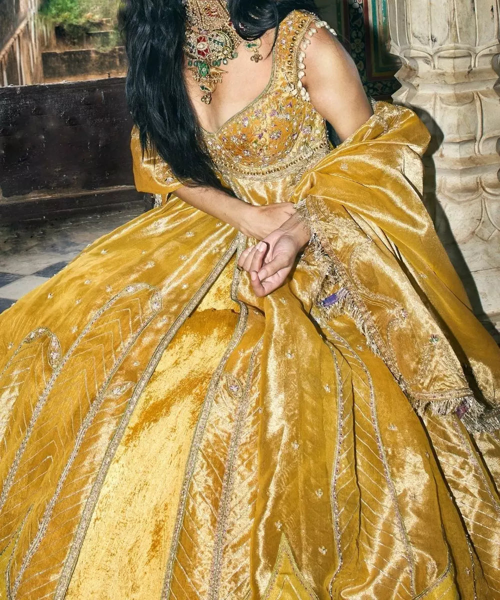 Aditi Gupta - Mustard Yellow pure Zari Tissue Jacket with crushed Silk Skirt Set