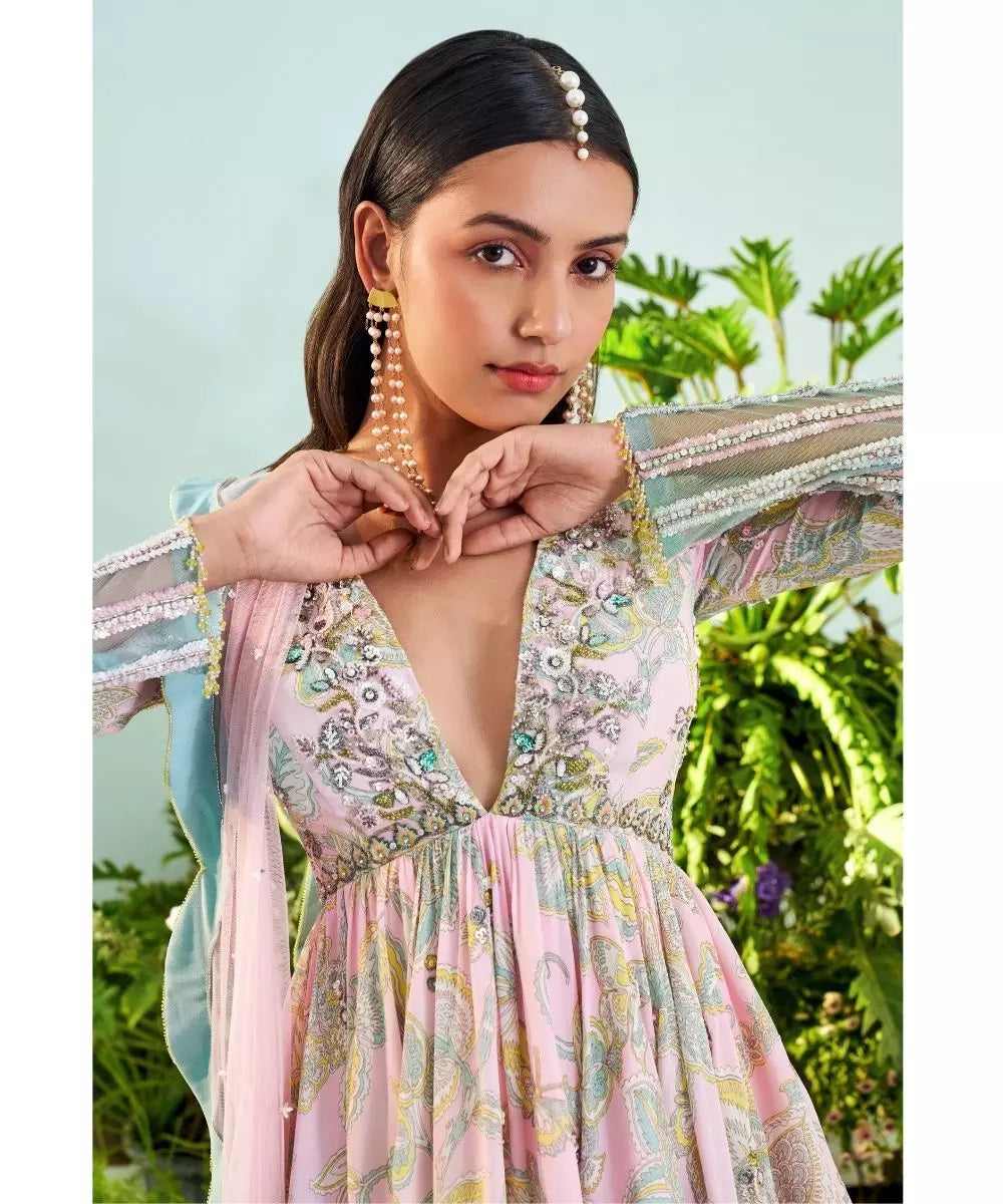 MANI BHATIA - Powder pink mint green Print Peplum Top Gharara set