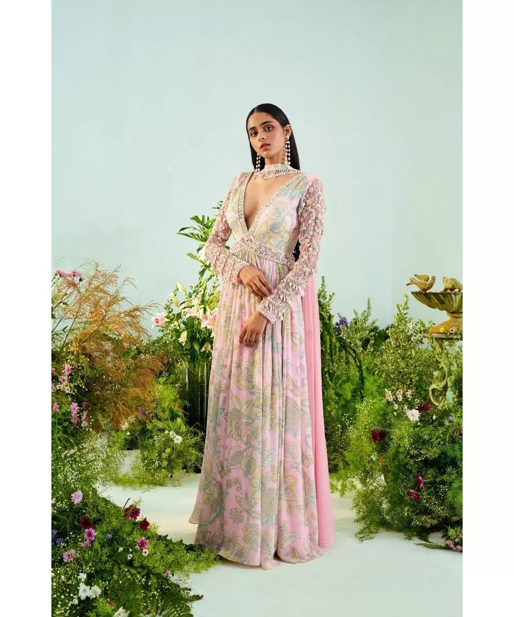 MANI BHATIA - Powder pink mint green Peplum embroidered sleeves Anarkali set