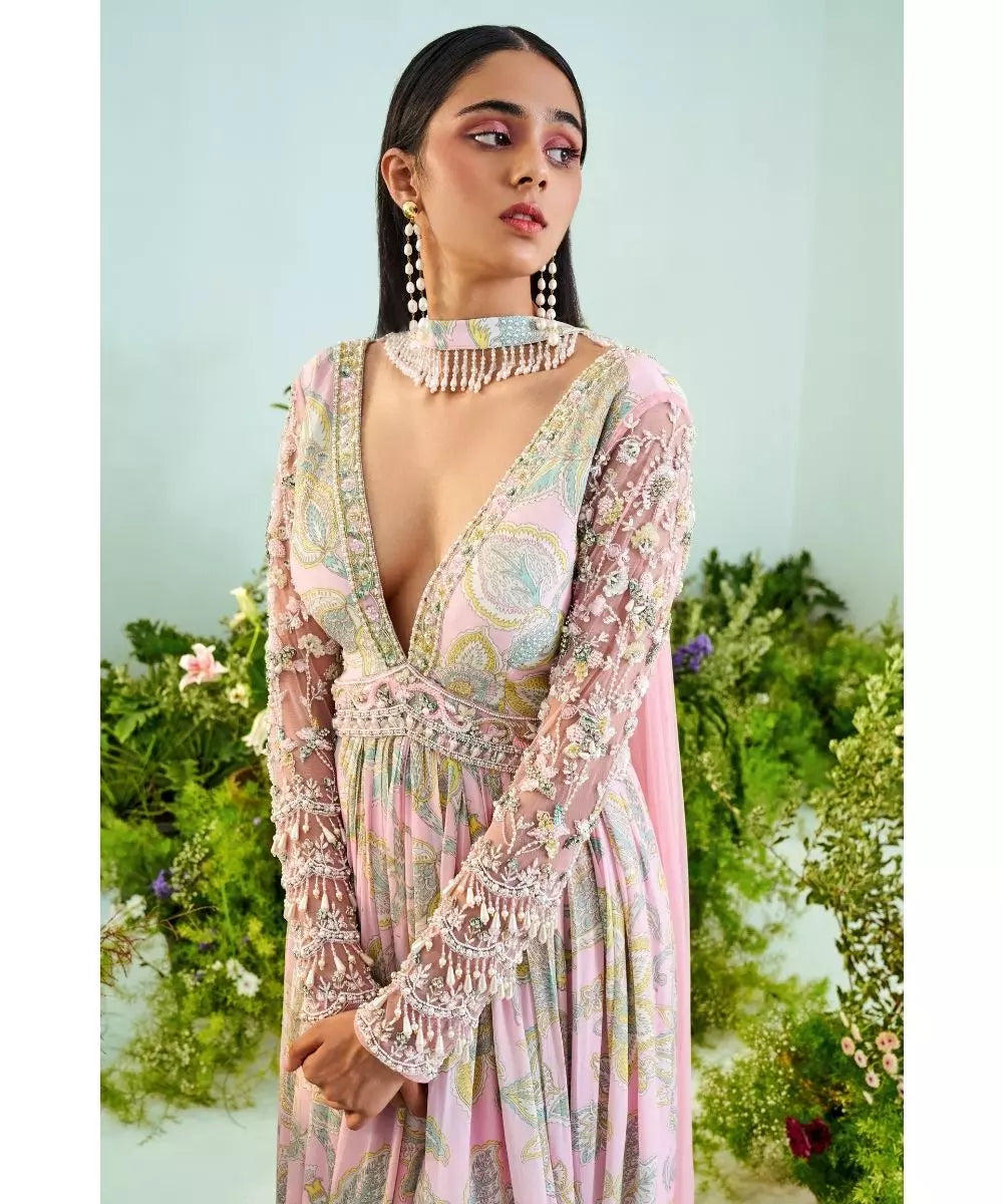 MANI BHATIA - Powder pink mint green Peplum embroidered sleeves Anarkali set
