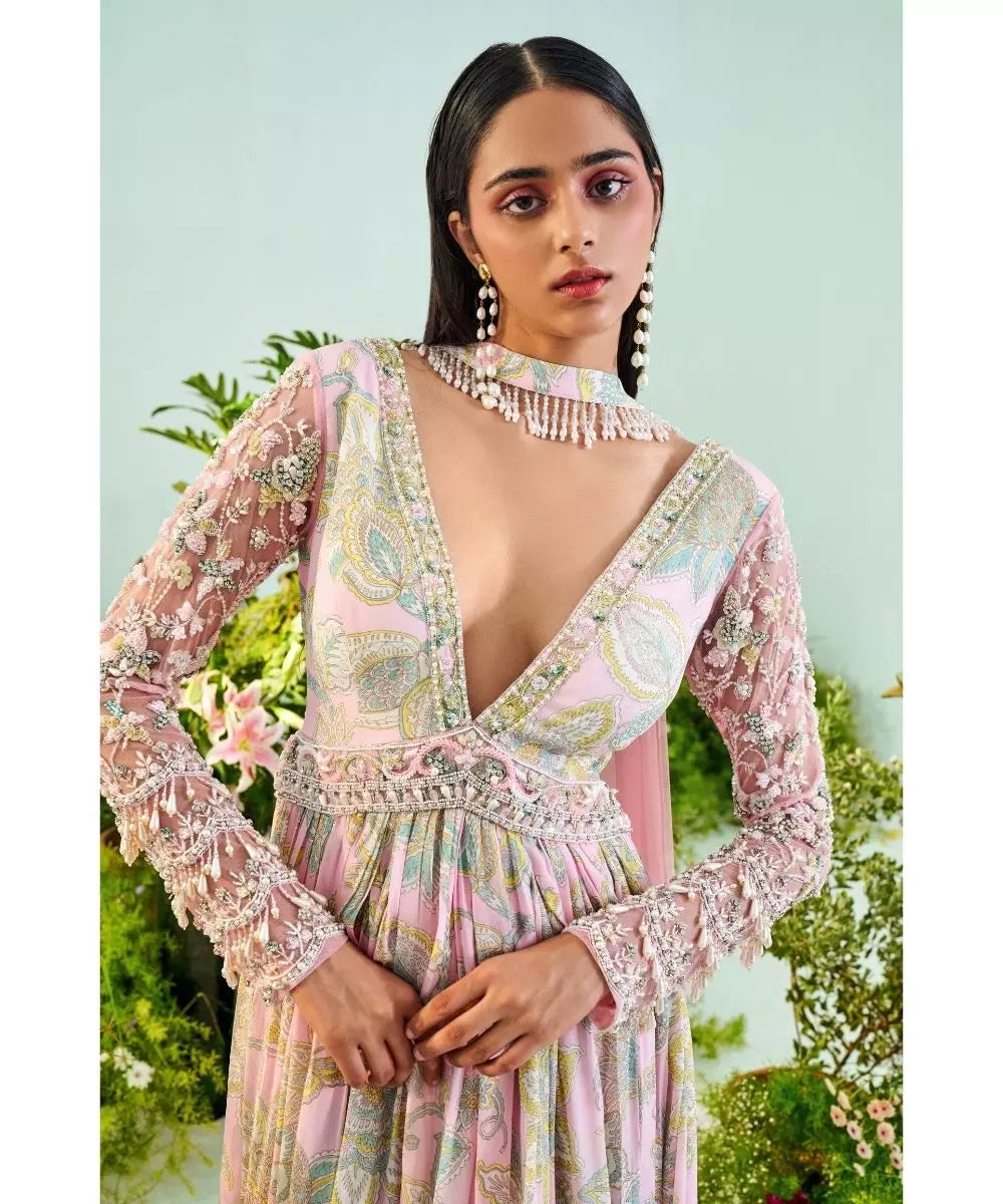 MANI BHATIA - Powder pink mint green Peplum embroidered sleeves Anarkali set