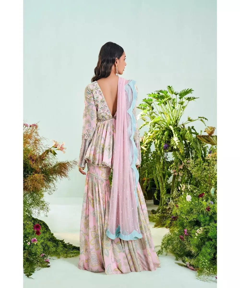 MANI BHATIA - Powder pink mint green Peplum embroidered sleeves Anarkali set