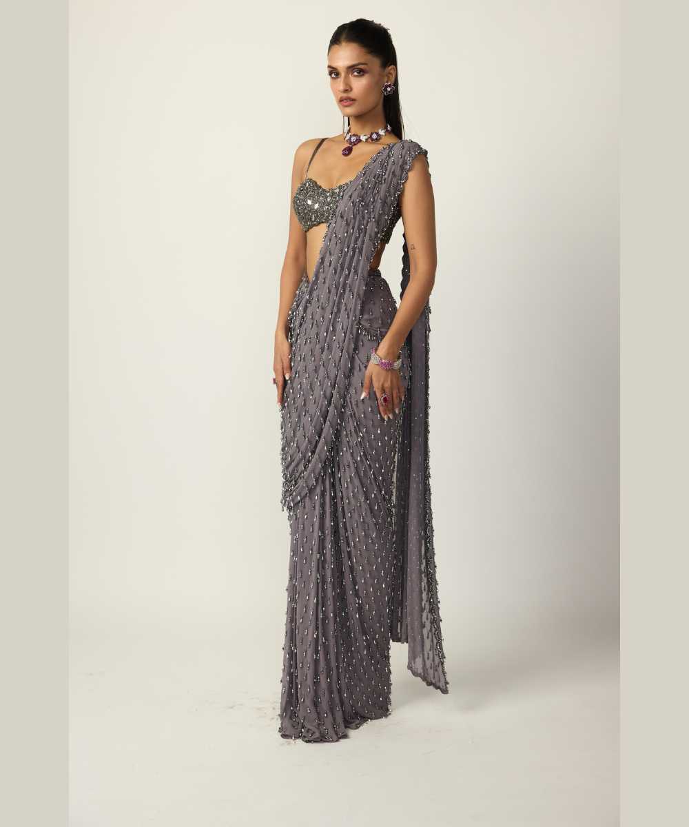 Metallic Grey Single Drop Draped Saree Set