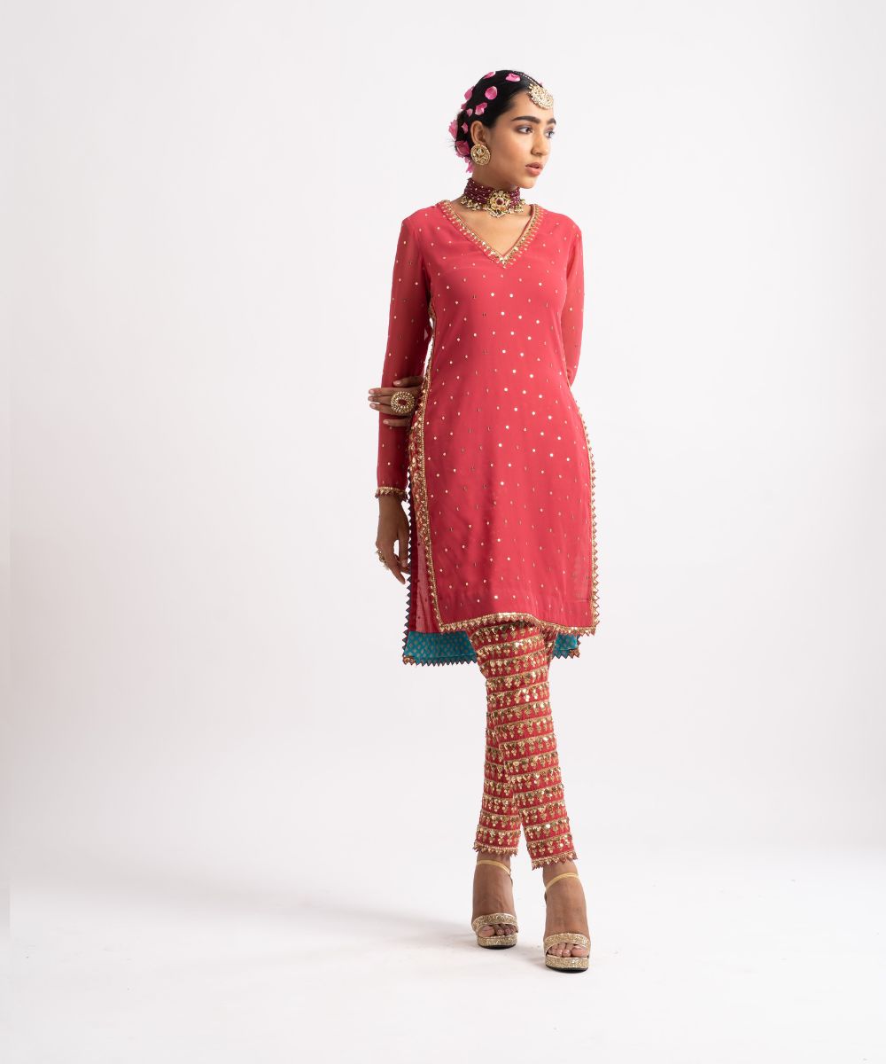 Deep Coral V Neck Heavy Pant Kurta Set - Collection name Rang by  Vvani vats
