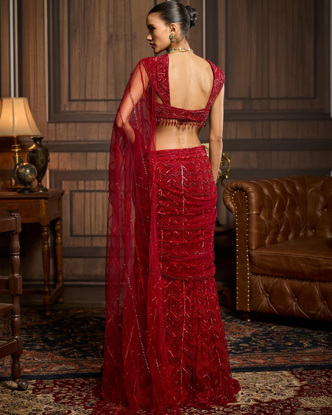 Diya Rajvvir - Red Embellished Blouse And Pre-Draped Dhoti Saree Set from Taara