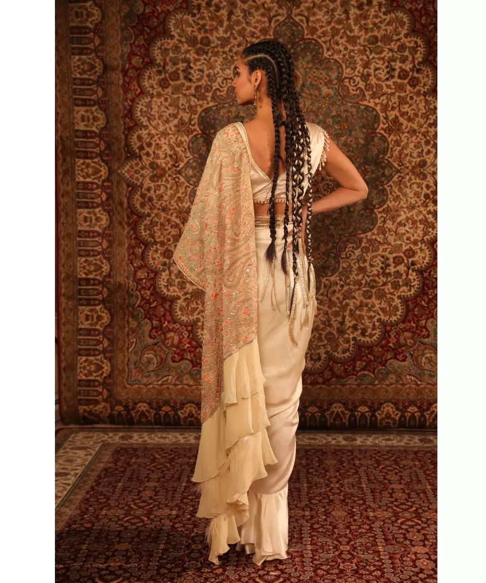 ADITI GUPTA - White Jamawaar Draped Saree and Blouse