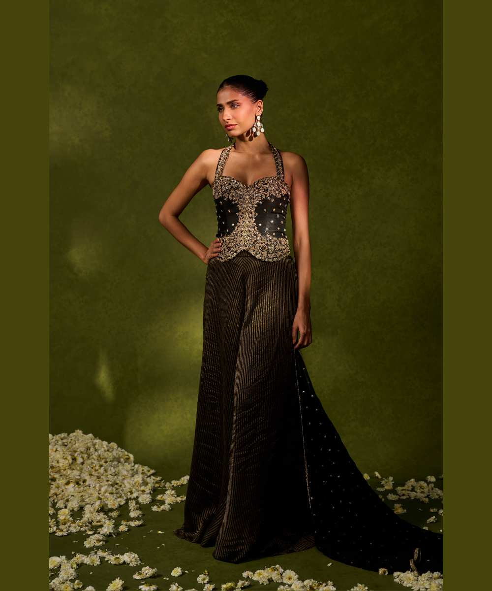 NAINA WITH FLARED PANTS - Tissue jamewar flared pants paired with a statement halter blouse - Leher by Chamee and Palak