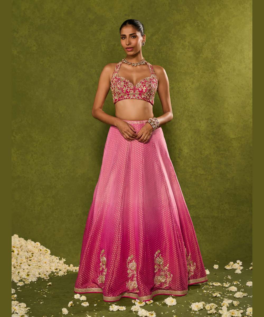 INARA LEHENGA - Light-to-dark pink ombré tissue jamewar lehenga -  Leher by Chamee and Palak