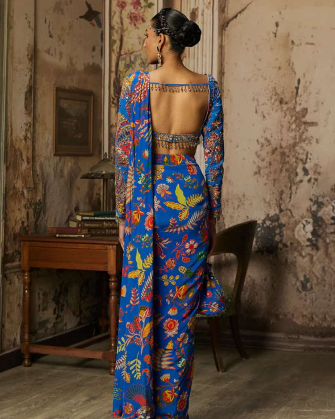 Diya Rajvvir - Electric Blue Printed And Highlighted Dhoti Saree from Bahaar