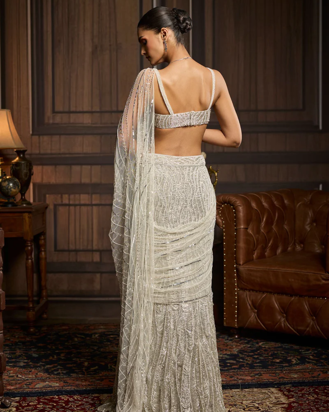 Diya Rajvvir - Silver Fully Embellished Pre-Draped Skirt Saree Set from Taara