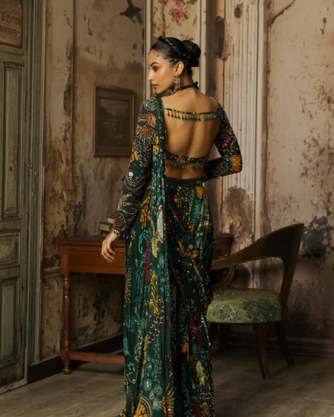 Diya Rajvvir - Dark Green Printed And Highlighted Tiered Skirt Saree Set from Bahaar